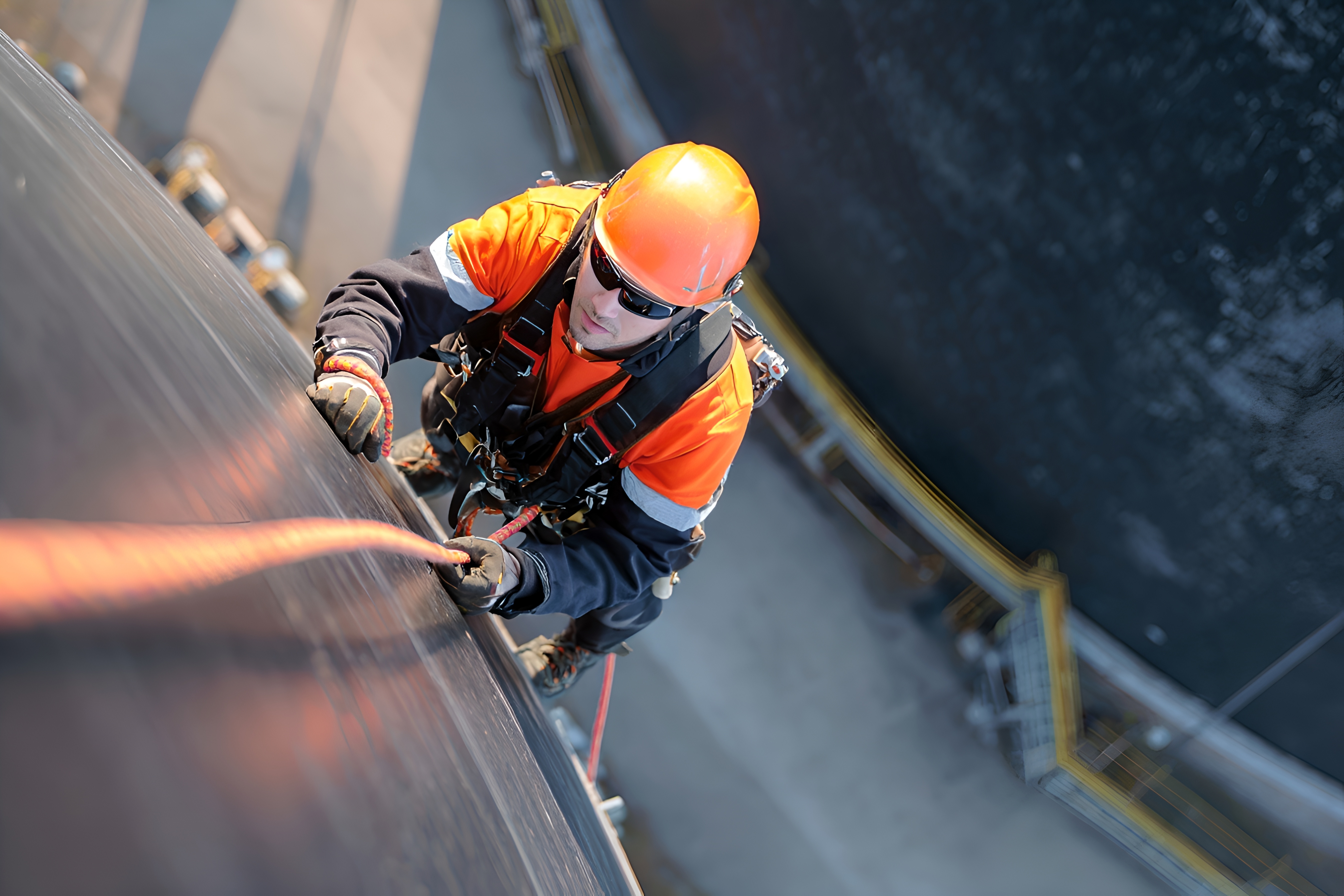 Worker in orange PPE carrying out inspection under elevated platform structure