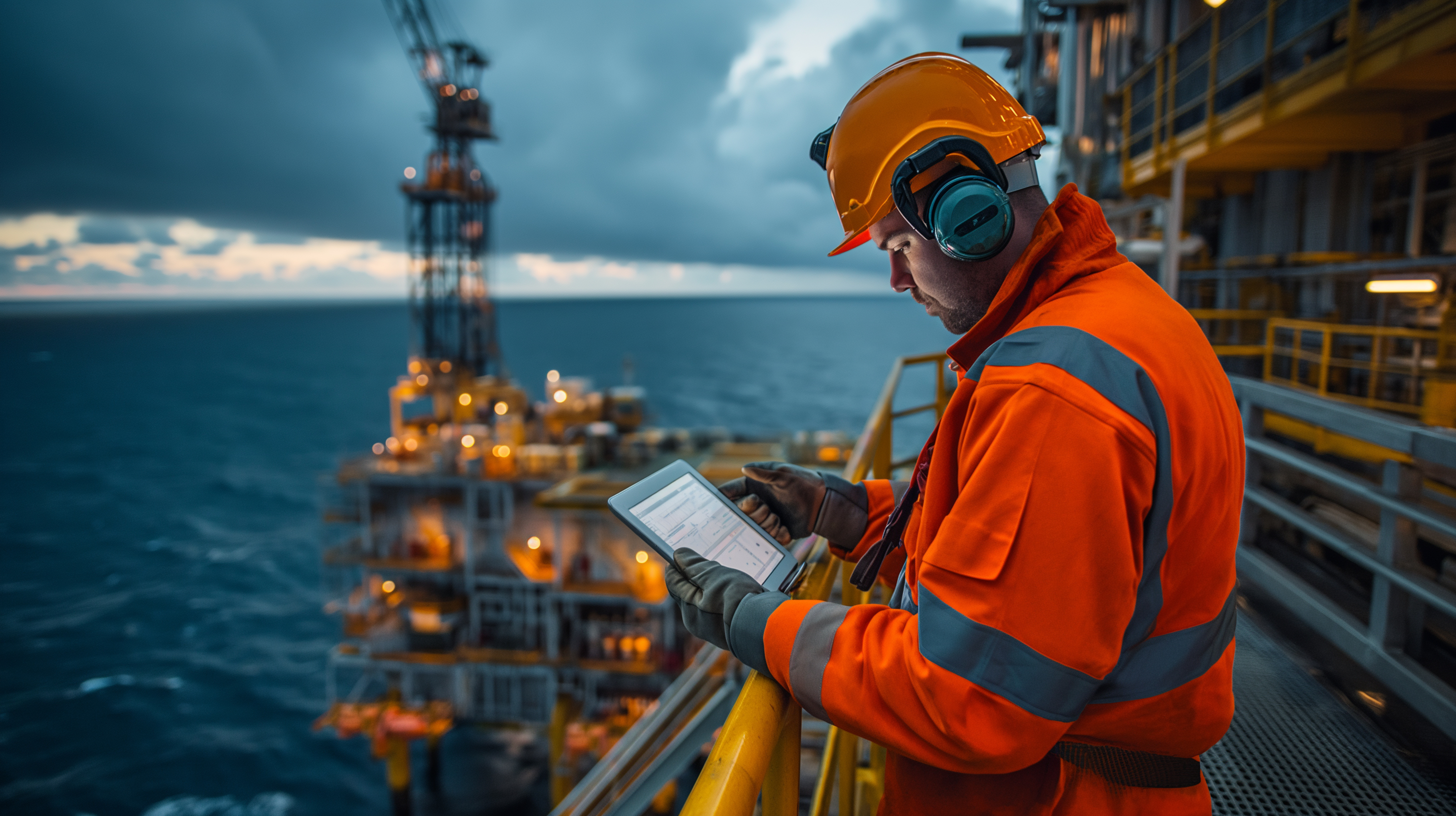 Offshore crew safety briefing with workers in PPE on platform deck